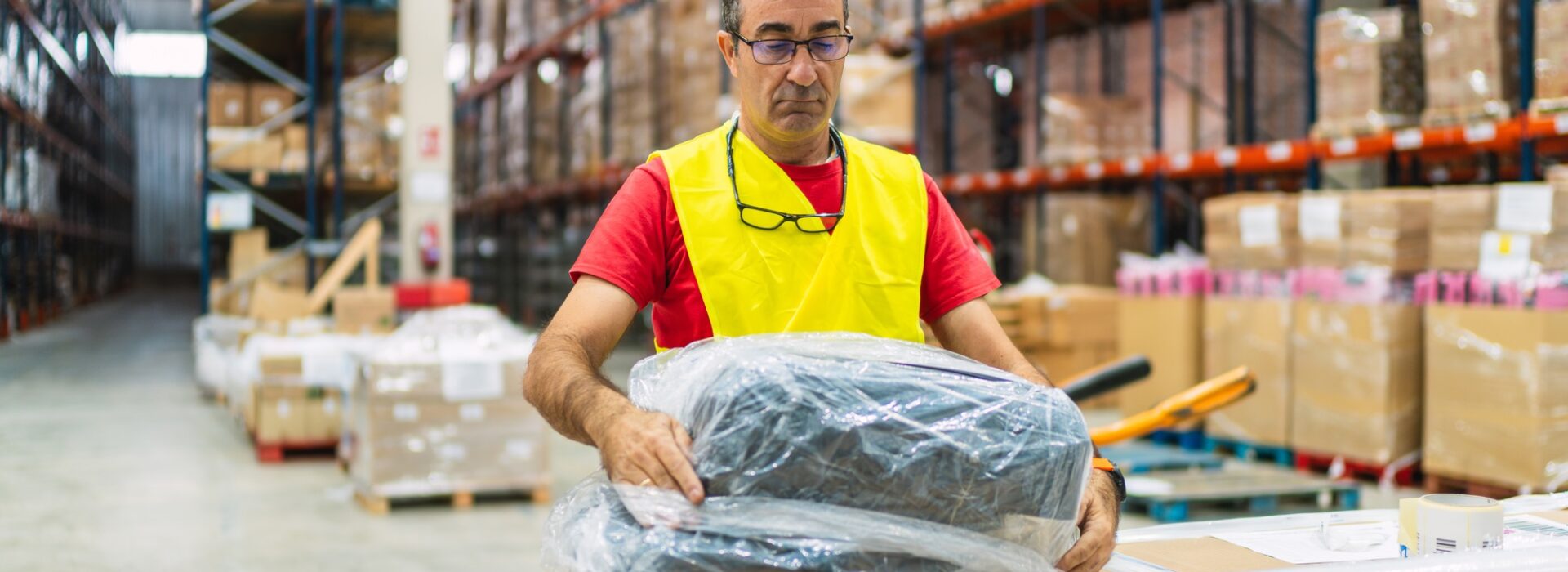 Warehouse worker wrapping packages in distribution center
