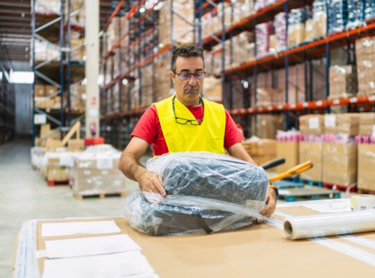 Warehouse worker wrapping packages in distribution center