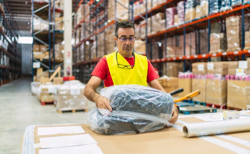 Warehouse worker wrapping packages in distribution center