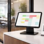 Un iPad en “Room Display” : planning check-in et QR code devant la salle