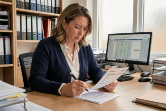 Administratrice de l'Éducation nationale vérifiant une fiche de paie avec attention dans un bureau administratif