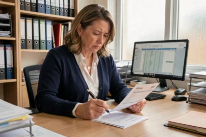 Administratrice de l'Éducation nationale vérifiant une fiche de paie avec attention dans un bureau administratif