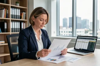 Femme d'affaires analysant des rapports financiers d'entreprise dans un bureau moderne en 2026