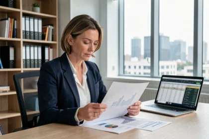 Femme d'affaires analysant des rapports financiers d'entreprise dans un bureau moderne en 2026