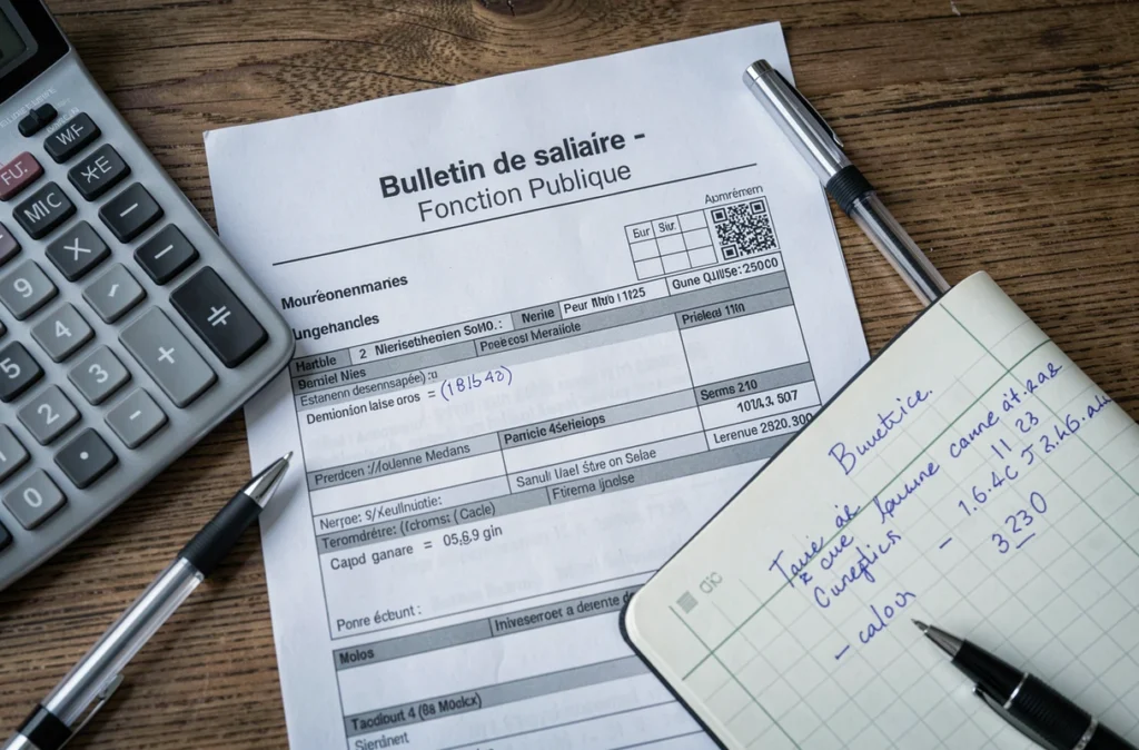 Bulletin de salaire de la fonction publique française avec calculatrice et notes budgétaires sur un bureau