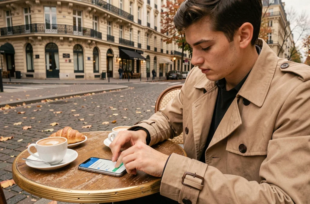 Jeune personne configurant la connexion Urban Group RATP sur iPhone dans un café parisien en plein air