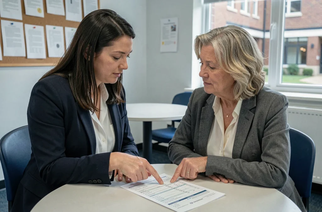 Deux collègues enseignantes discutant d'une erreur sur une fiche de paie de l'Éducation nationale dans la salle des professeurs