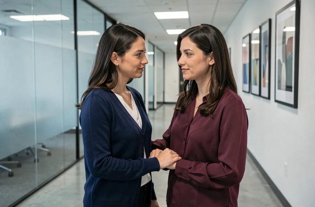 Deux collègues féminines partageant un moment de soutien sincère dans un couloir de bureau moderne