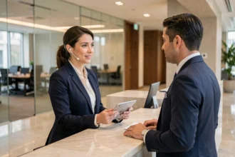 Une concierge d'entreprise en blazer marine accueille un cadre dans un lobby moderne avec tablette numérique