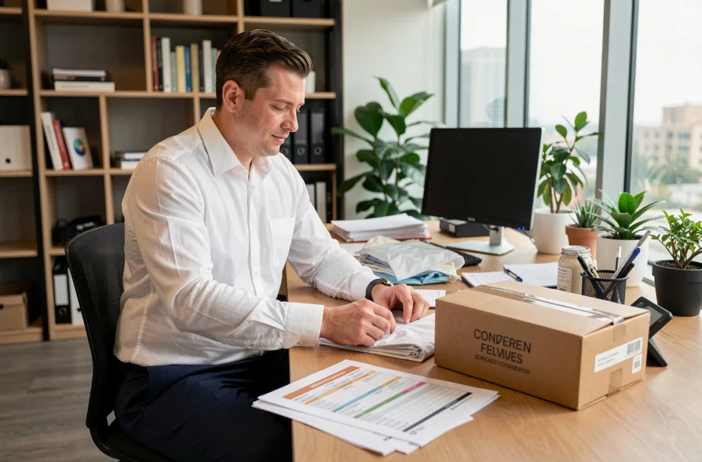 Un coordinateur de conciergerie d'entreprise organise des services du quotidien sur un bureau moderne