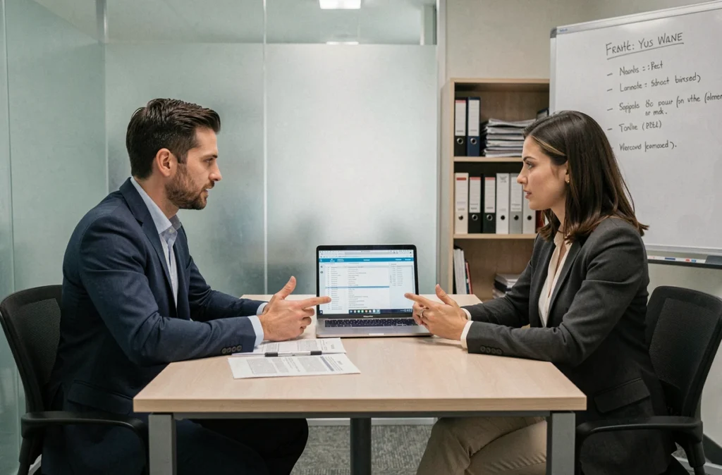 Réunion entre entrepreneur et prestataire pour déléguer la gestion administrative