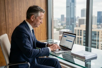 Dirigeant d'entreprise consultant une plateforme d'assistance juridique en ligne depuis son bureau moderne