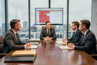 Dirigeant d'entreprise face à des régulateurs autour d'une table de conférence avec des documents officiels