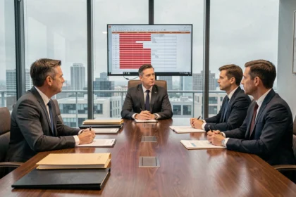 Dirigeant d'entreprise face à des régulateurs autour d'une table de conférence avec des documents officiels
