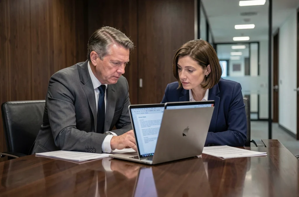 Deux dirigeants d'entreprise analysant un contrat via une solution d'assistance juridique numérique en salle de réunion