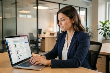 Employée en entreprise consultant son compte myPrimobox sur un ordinateur portable dans un bureau moderne