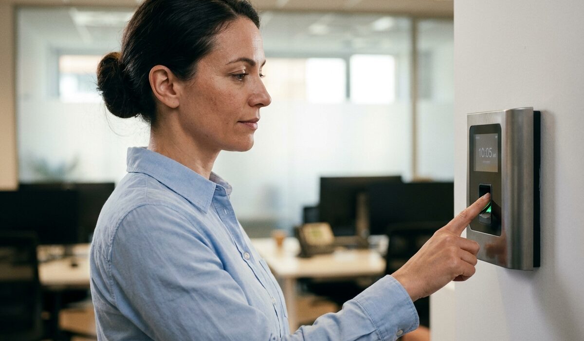 Employée pointant son arrivée sur une pointeuse biométrique dans un bureau moderne