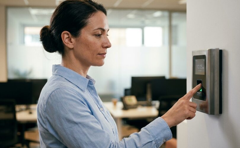 Employée pointant son arrivée sur une pointeuse biométrique dans un bureau moderne