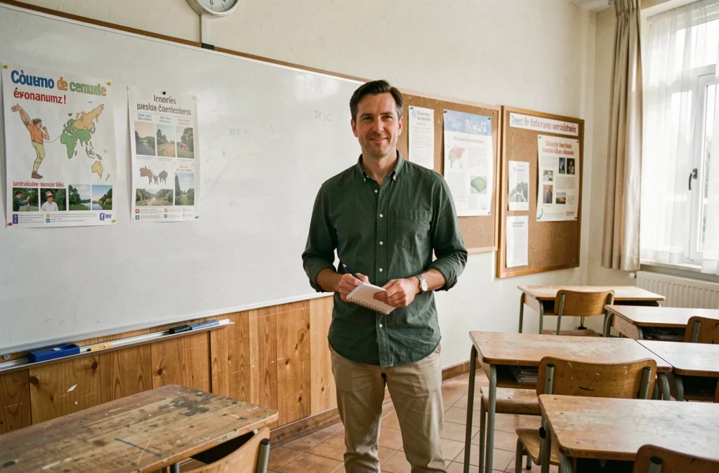 Enseignant fonctionnaire dans une salle de classe française illustrant la revalorisation salariale