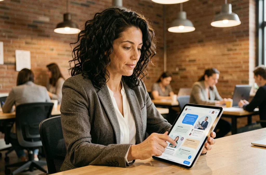 Entrepreneuse utilisant un service juridique en ligne sur tablette dans un espace de coworking