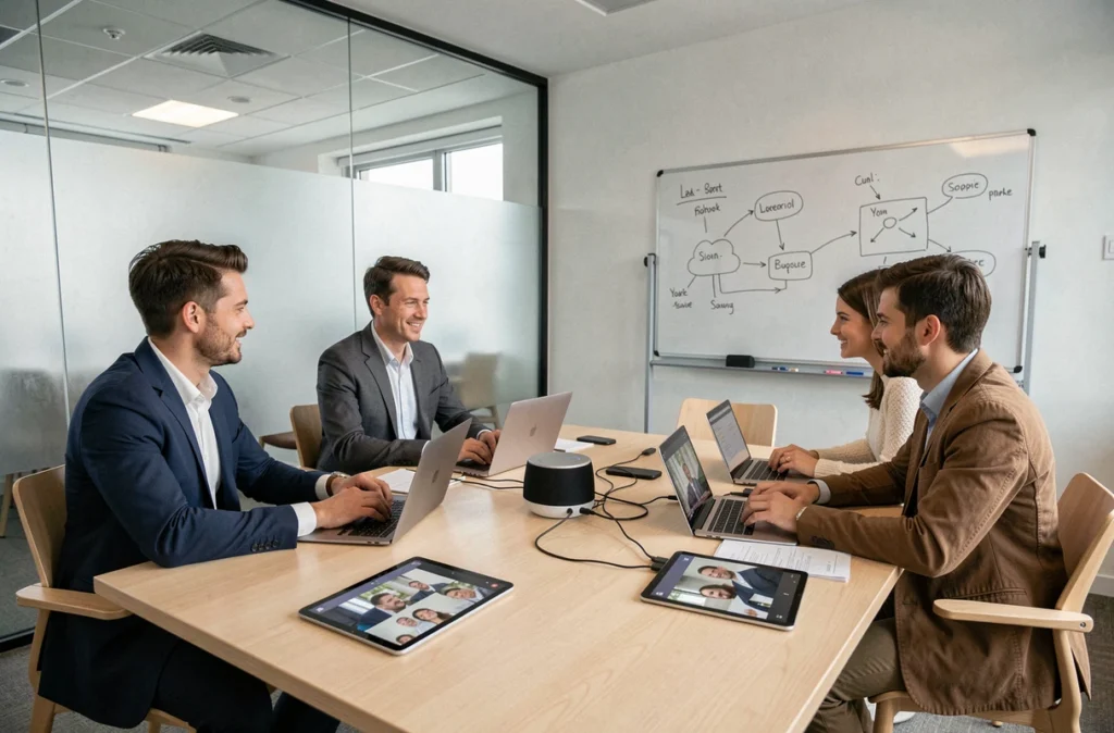 Équipe professionnelle en réunion hybride utilisant un système de téléphonie cloud avec conférence audio et vidéo