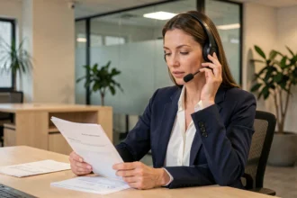 Femme chef d'entreprise gérant l'administration externalisée depuis son bureau moderne