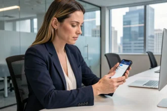 Femme professionnelle configurant l'application Urban Group RATP sur smartphone dans un bureau moderne