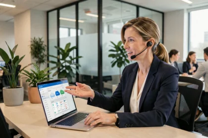 Femme professionnelle utilisant un casque sans fil connecté à une solution de téléphonie cloud dans un bureau moderne