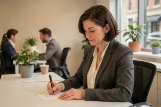 Femme professionnelle rédigeant un message de condoléances à son bureau dans un open space moderne