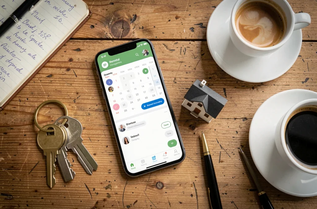 Vue aérienne d'un bureau avec smartphone affichant une application de gestion de locations saisonnières, clés et carnet de notes