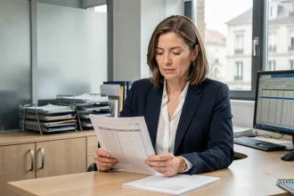 Fonctionnaire territoriale catégorie A étudiant une grille salariale dans un bureau administratif moderne