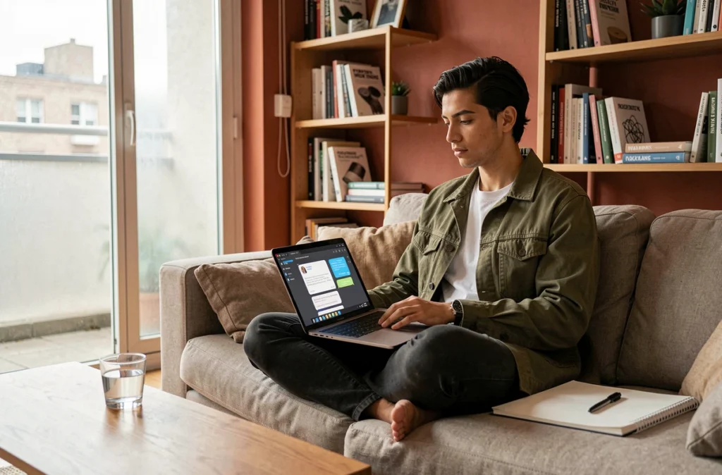Freelance utilisant un chatbot IA sur canapé dans un appartement chaleureux pour gagner du temps
