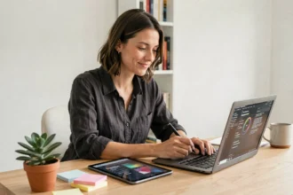Freelance femme utilisant des outils IA sur ordinateur portable dans un bureau à domicile minimaliste