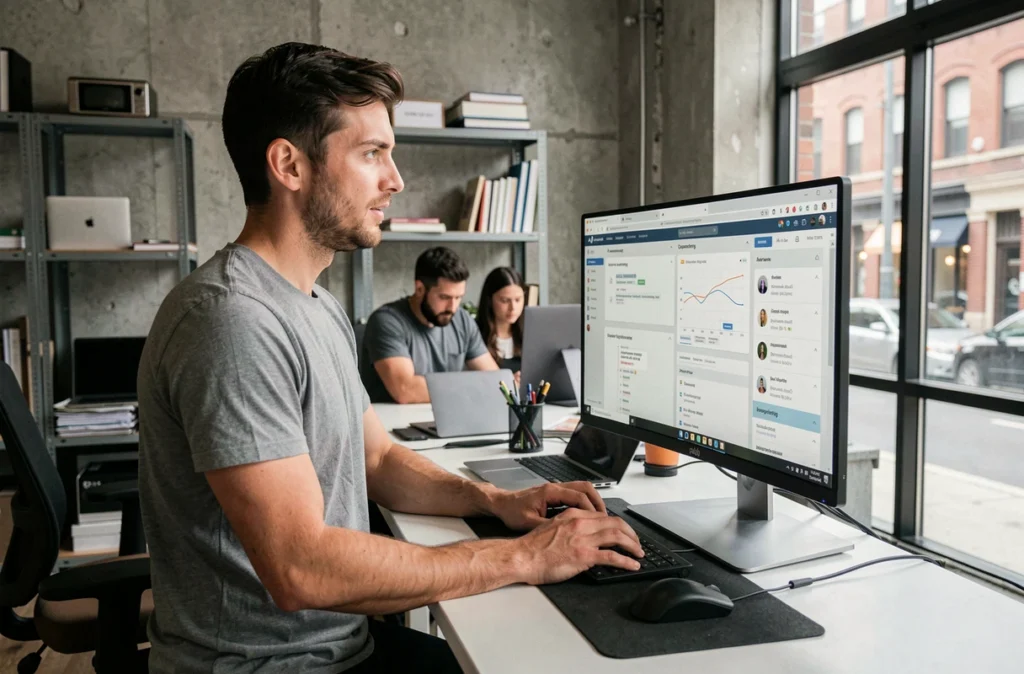Freelance homme travaillant avec des outils IA sur grand écran dans un espace de coworking moderne