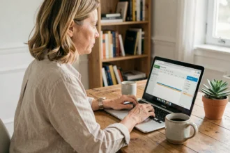 Gestionnaire de locations saisonnières utilisant un logiciel de gestion sur ordinateur portable dans un bureau à domicile