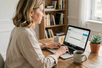Gestionnaire de locations saisonnières utilisant un logiciel de gestion sur ordinateur portable dans un bureau à domicile