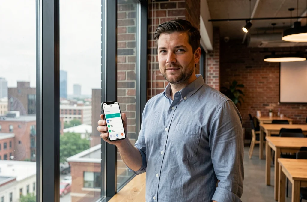 Homme utilisant une application VoIP sur smartphone dans un espace de coworking moderne avec vue urbaine