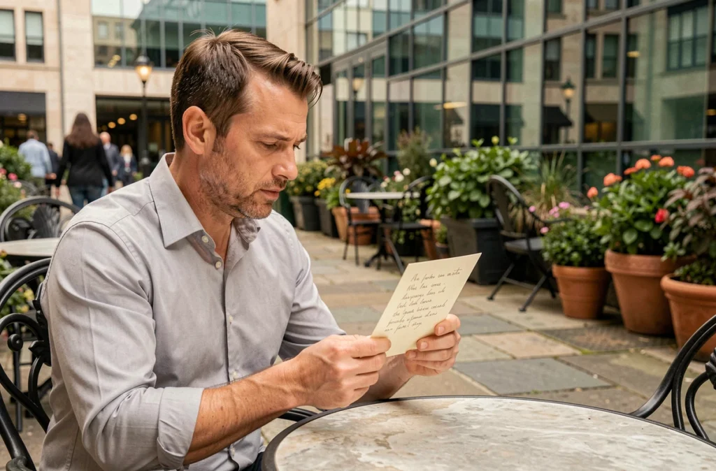 Homme lisant une carte de condoléances en terrasse devant un immeuble de bureaux en milieu urbain