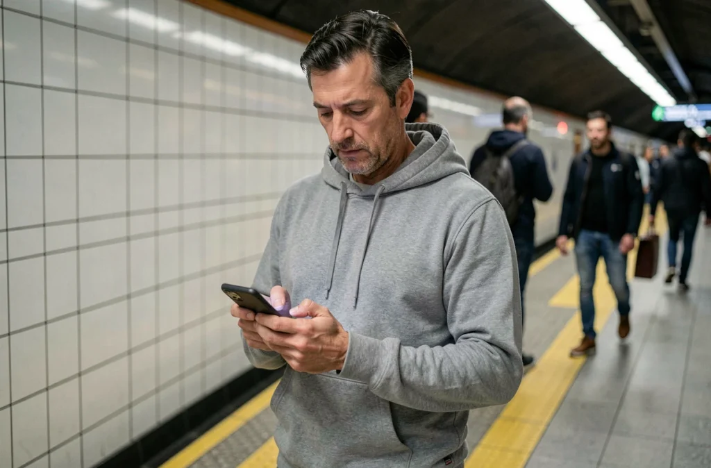 Homme consultant l'application Urban Group RATP sur son smartphone dans une station de métro parisienne