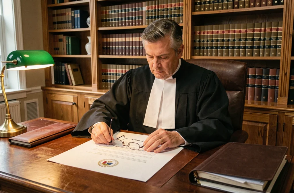 Notaire en robe traditionnelle examinant un acte officiel portant le logo et le sceau des notaires de France