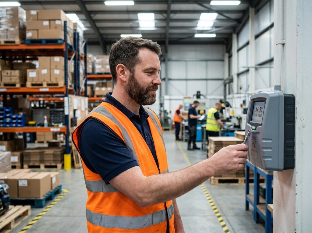 Ouvrier badgeant sur une pointeuse RFID dans un entrepôt industriel