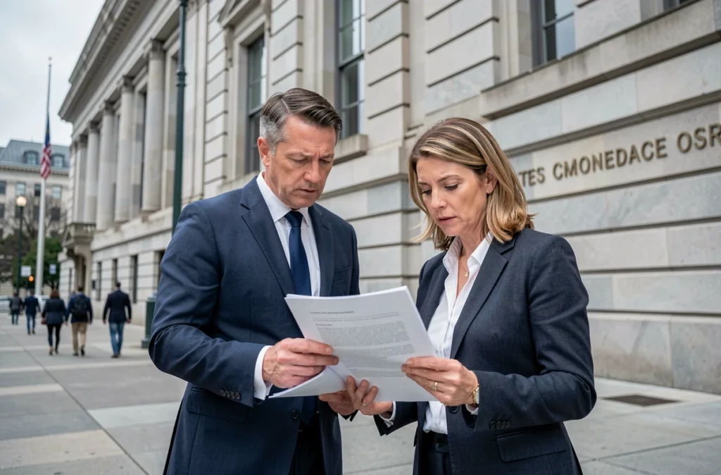 Deux professionnels en costume consultant des documents devant un bâtiment gouvernemental officiel