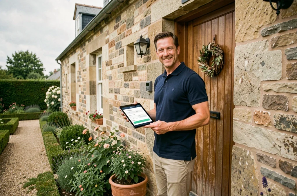 Propriétaire de gîte rural accueillant des voyageurs avec une application de gestion de réservation sur tablette