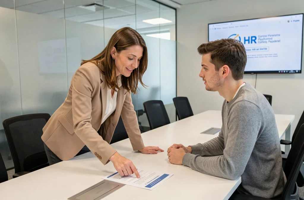Responsable RH expliquant à un nouvel employé comment créer un compte myPrimobox lors d'une réunion d'intégration