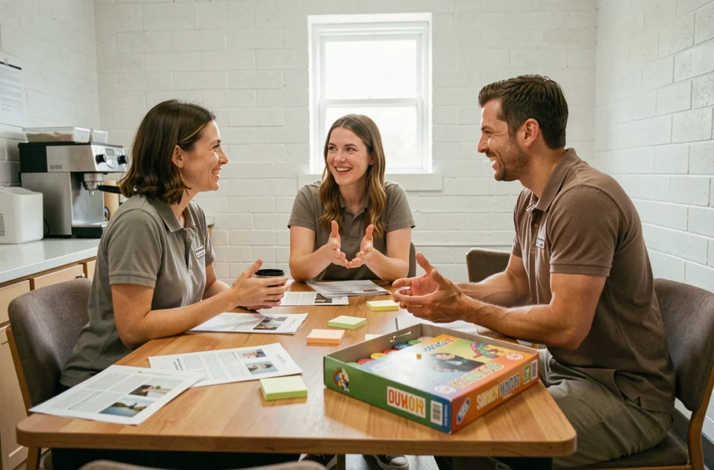 Trois employés de magasin participent à une réunion de formation autour d'un guide pratique sur les jeux