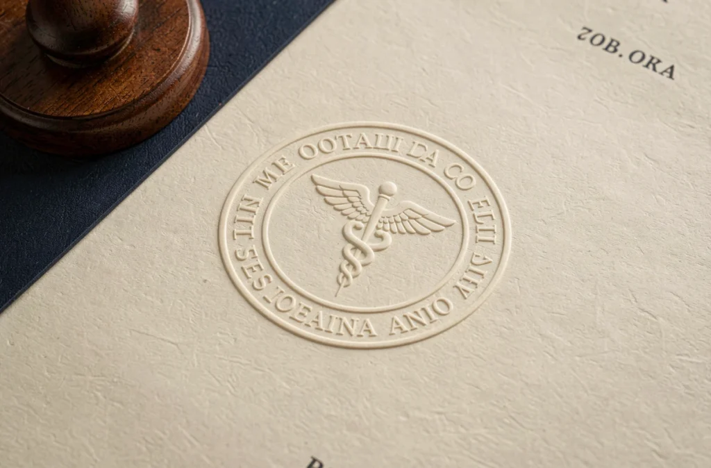 Gros plan macro sur un sceau notarial en relief gravé dans du papier officiel ivoire montrant les éléments graphiques du logo des notaires