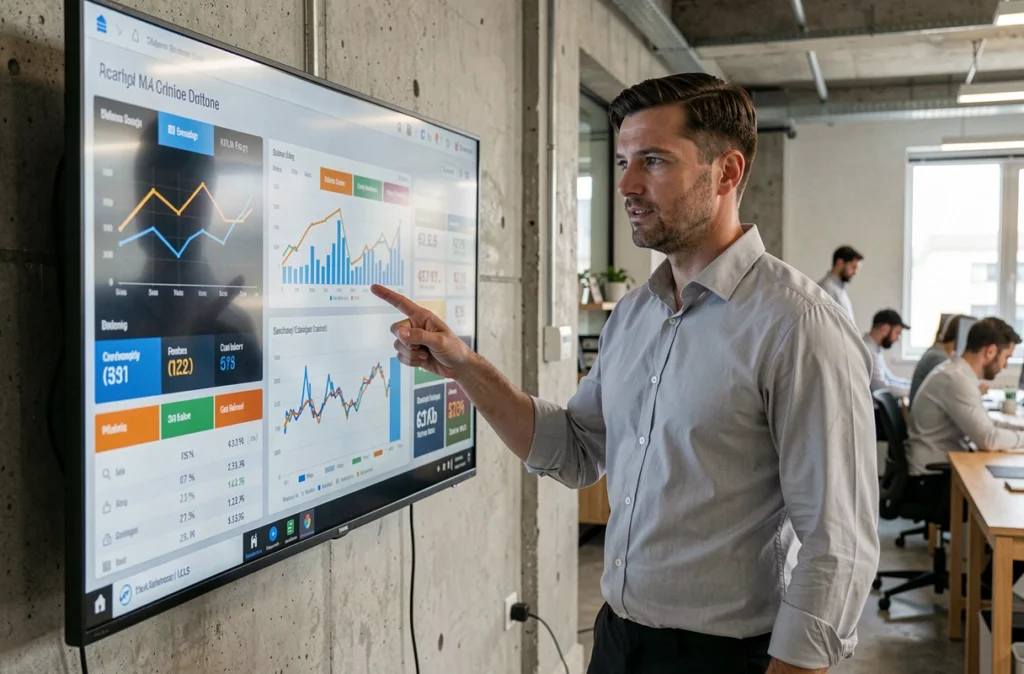 Analyste financier examinant un tableau de bord d'indicateurs financiers d'entreprise sur grand écran