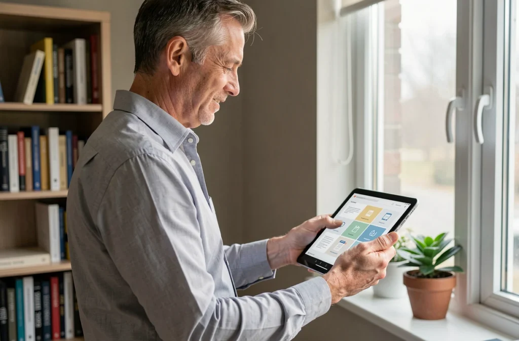 Homme en télétravail accédant à ses bulletins de paie dématérialisés via une application RH sur tablette