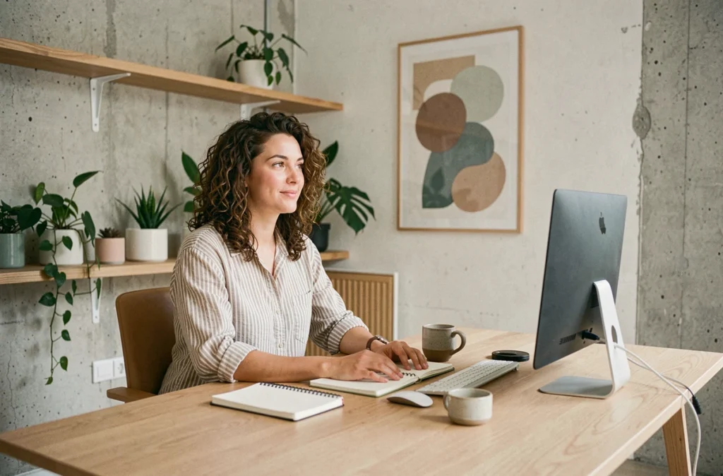 Femme aux cheveux bouclés travaillant dans l'ambiance épurée et scandinave d'ALT Coworking à Marseille