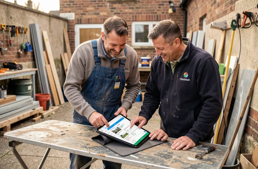 Deux artisans du bâtiment consultant des avis clients et des opportunités locales sur une tablette numérique sur chantier